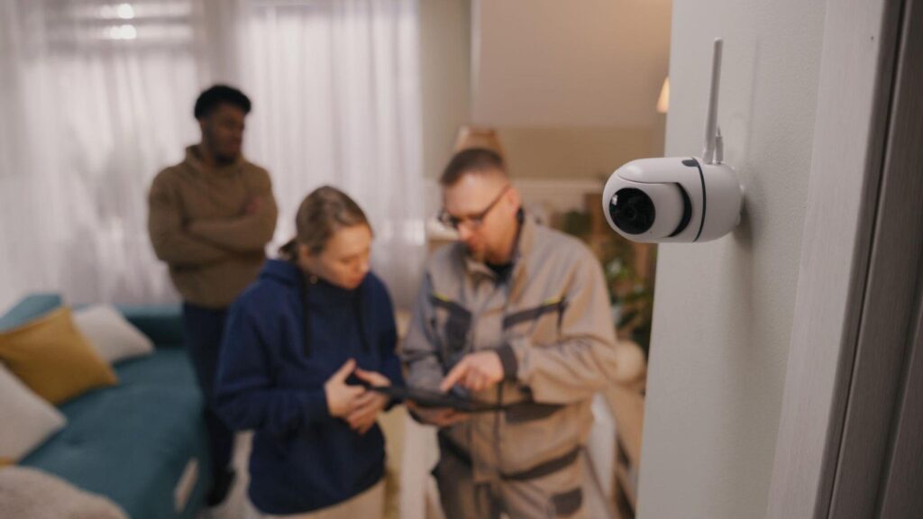 "Man installing security systems, always, Finplex construction."